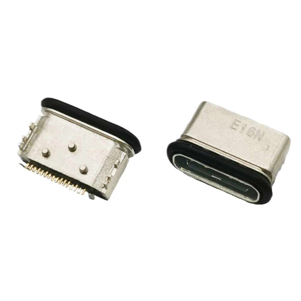 TYPE C 16P防水母座 板上SMT  帶定位柱 長度L=6.5MM 鋅合金外殼 舌片外露/不外露 防水IP67